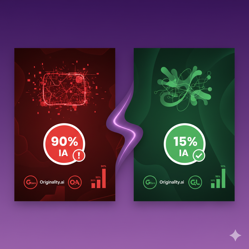 Comparación antes y después de humanizar texto con detectores IA